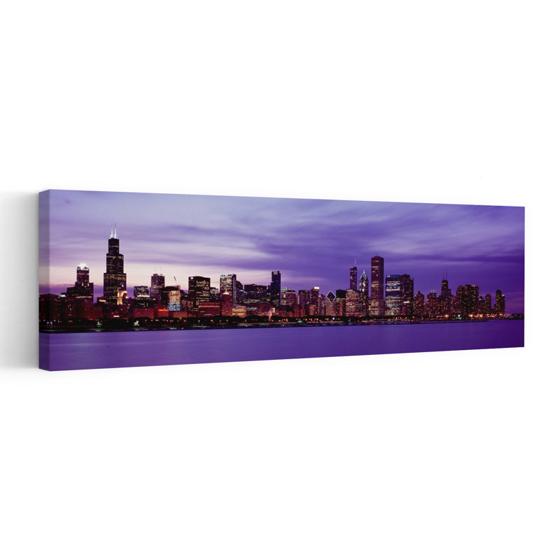 Skyscrapers In A City Lit Up At Night Chicago Illinois USA by Mark Segal - Wrapped Canvas Panoramic Print