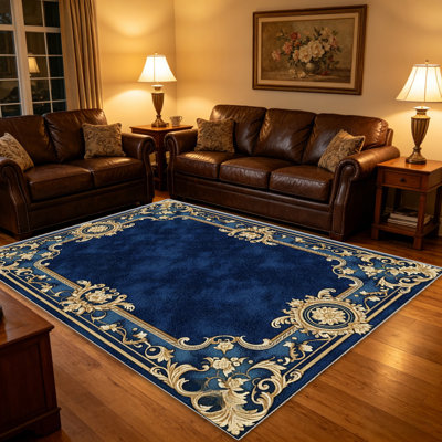 Tapis Borderarea bleu marine doré pour le salon, doux et confortable, adapté à toutes les saisons, facile à entretenir, tapis de sol intérieur lavable à la machine, sous la table de ferme convenant à la chambre à coucher, à la salle à manger, au bureau, au patio, au balcon, à la décoration intérieure