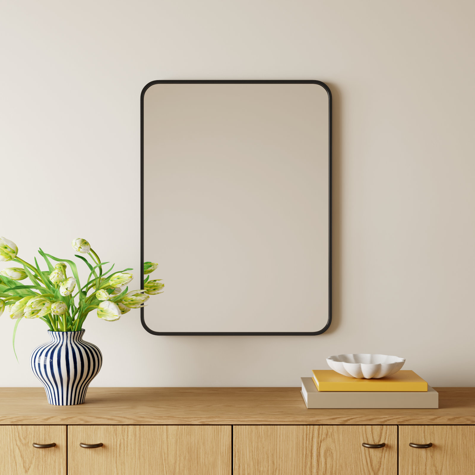 Sabine Metal Rounded Rectangle Wall Mirror, 32'' H x 24'' W, Black