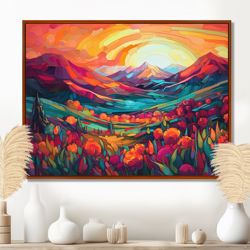 «Vibrant Sunset Shining Over Mountains I», art sur toile, H 34 po x l 44 po x P 1,5 po, Cadre flottant brun