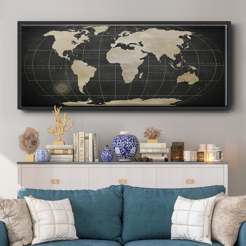 Carte du monde rétro - toile encadrée, H 8 po x l 20 po