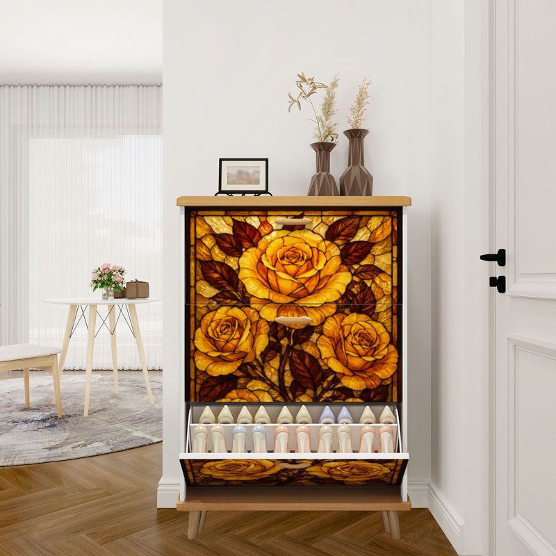 Armoire de rangement pour chaussures avec 3 tiroirs rabattables pour roses dorées, impression sur vitrail, feuilles rouges, élégantes fleurs rétro
