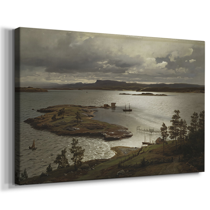 Vue côtière avec îlot et filets de pêche-Hans Gude-Toile tendue avec châssis-c. Fin du 19e siècle, 18x27