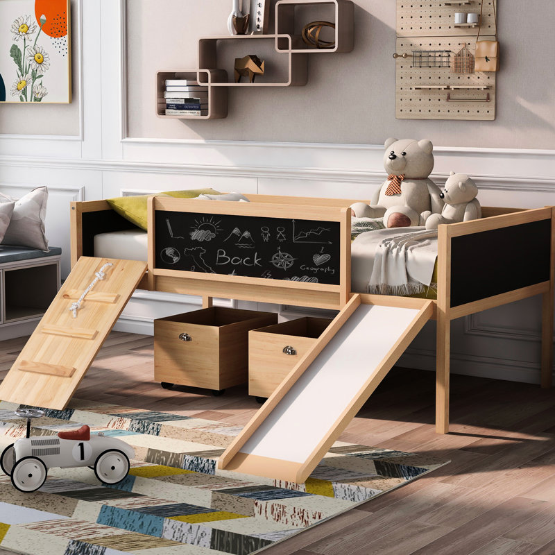Twin Size Loft Bed - Solid Pine, Climbing Adventure, Slide & Storage Zone Place, Natural