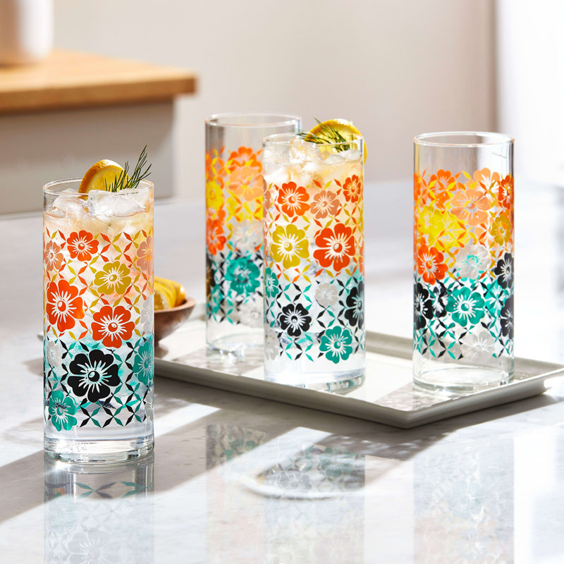 Libbey Retro Floral Design Colorful Glass Set, 16 oz, Set of 4