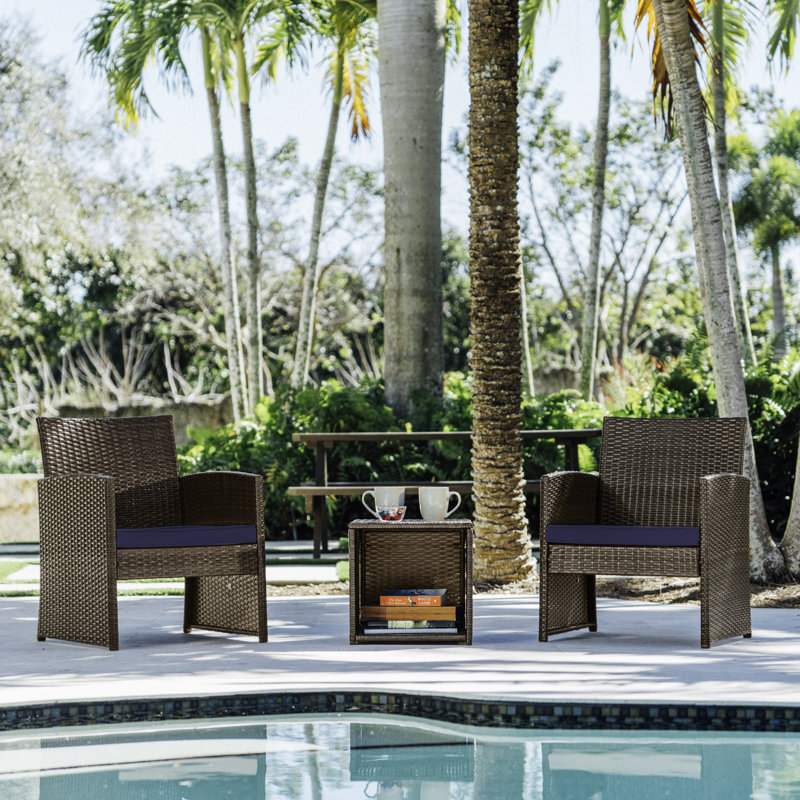 Jacinta 2 - Person Wicker Outdoor Seating Group with Table and Weather Resistant Cushions, Brown/Navy