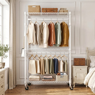 Heavy‑Duty Rolling Garment Rack 3‑Tier with Dual Hanging Rods & Side Hooks – Adjustable Metal Clothing Organizer with Lockable Wheels, 15.7″ D x 29.5″ W x 74.5″ H – White