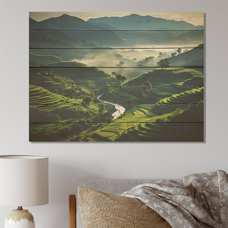 Shimmering Fields Of China - Chine sur impression de bois, H 10 po x l 20 po x P 0,78 po