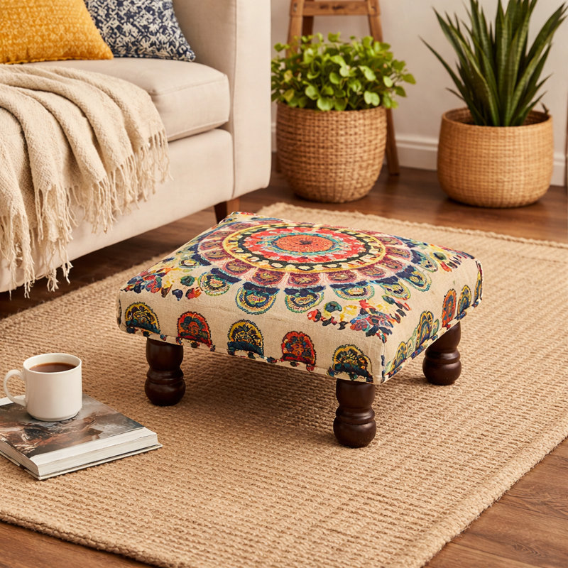 Decorative Upholstered Foot Stool | Handcrafted Mystic Mandala Ottoman | 16x16x9"