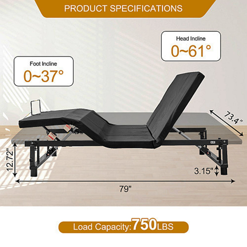 Base de lit réglable avec tête et pied inclinable, très grand moteur, gravité zéro, 4 ports USB, veilleuse sous le lit