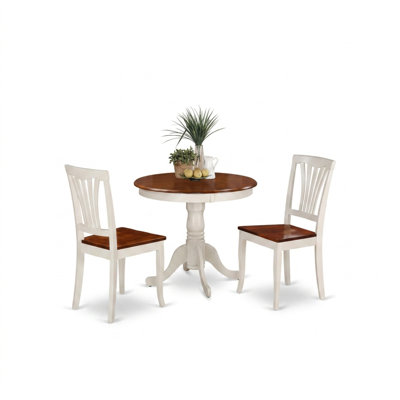 Ensemble table et chaises de salle à manger rondes en chêne massif clair, table à pied central à bords biseautés et chaises rembourrées en microfibre