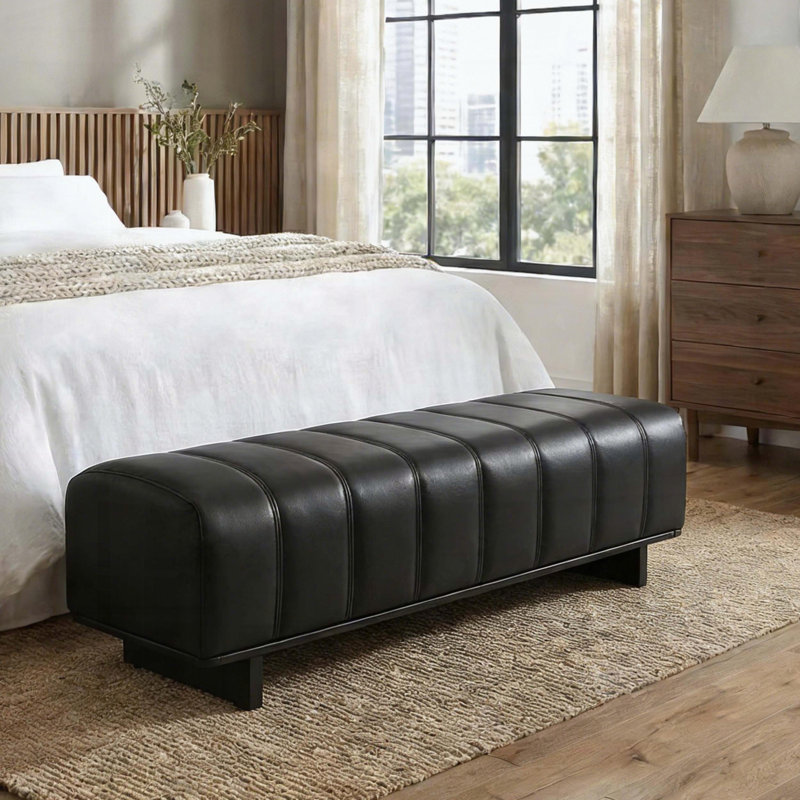Banc de salle à manger d'intérieur avec tissu en polyuréthane noir, pieds en bois d'hévéa, capacité de 250 lb, Noir
