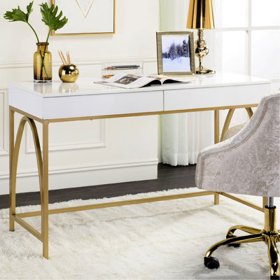 Bureau à 2 tiroirs avec plateau en bois blanc lustré et piètement en métal doré pour l'organisation des études - Fermeture des tiroirs, Éléments,