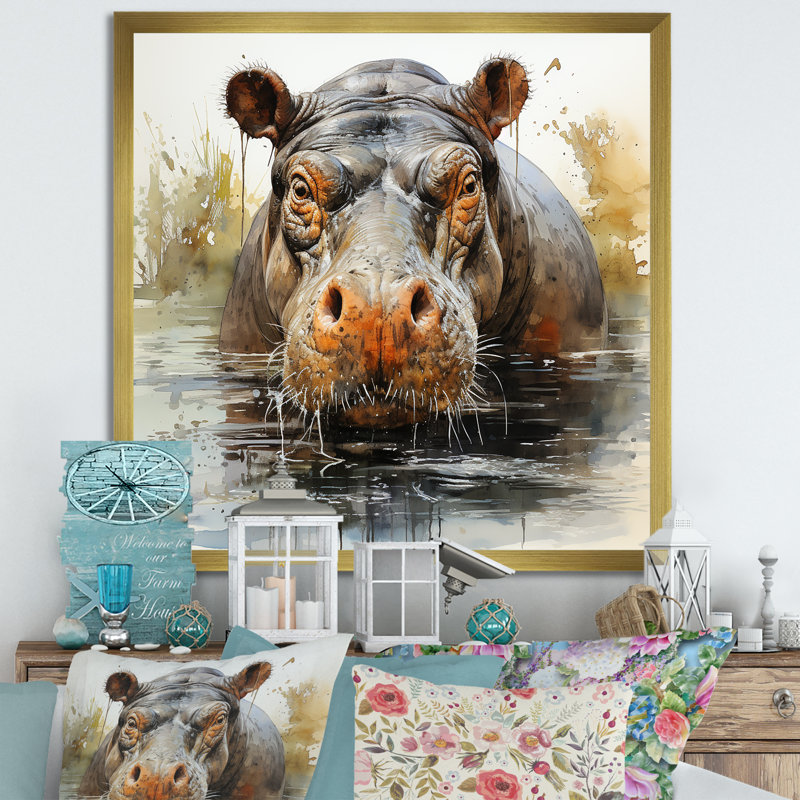 Hippopotame gris et gris, H 16 po x l 16 po x P 1 po, Cadre doré simple