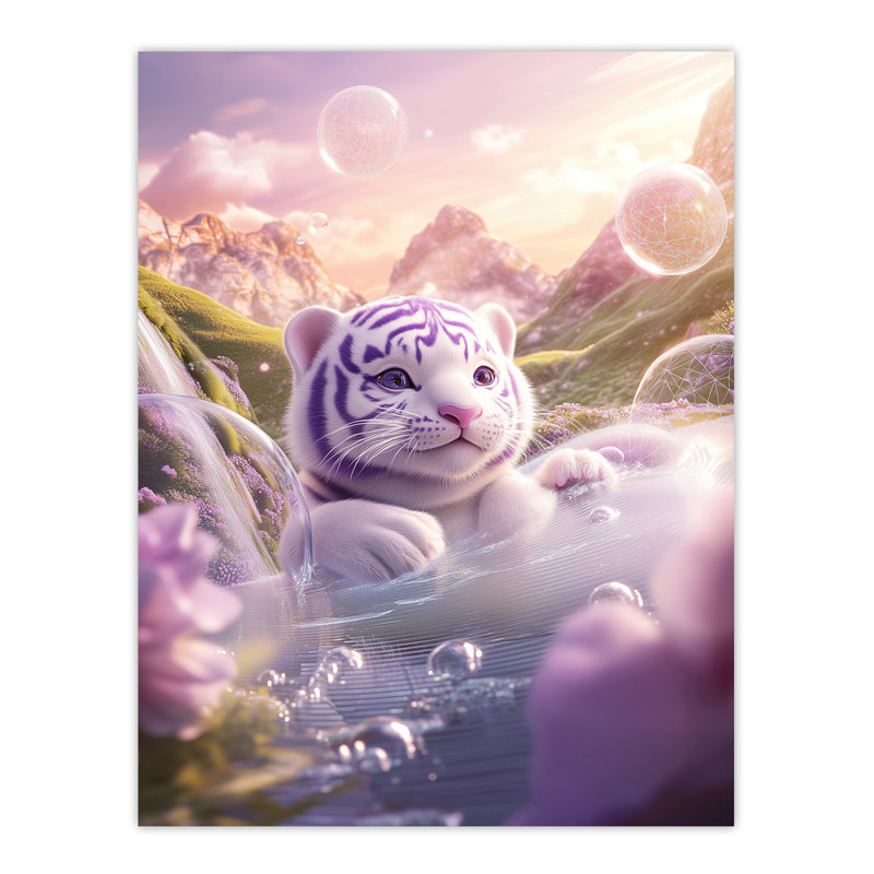 Cute Baby Tiger Purple Bubble Pond Fantasy Wall Art Print