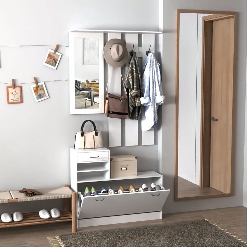 Armoire moderne avec armoire à chaussures, étagère suspendue, miroir et espace de rangement abondant