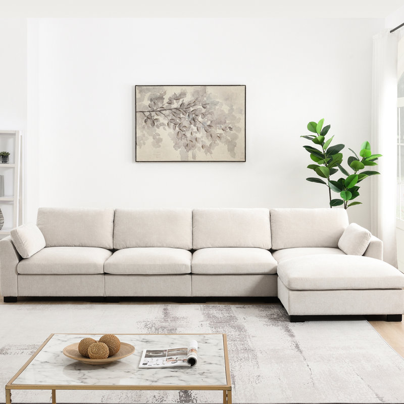 Configuration modulaire en forme de L de 130 po, double charge, table pliante, poches de rangement, mobile, 2 coussins, mousse haute densité, 5 sièges, chenille pour les salons confortables