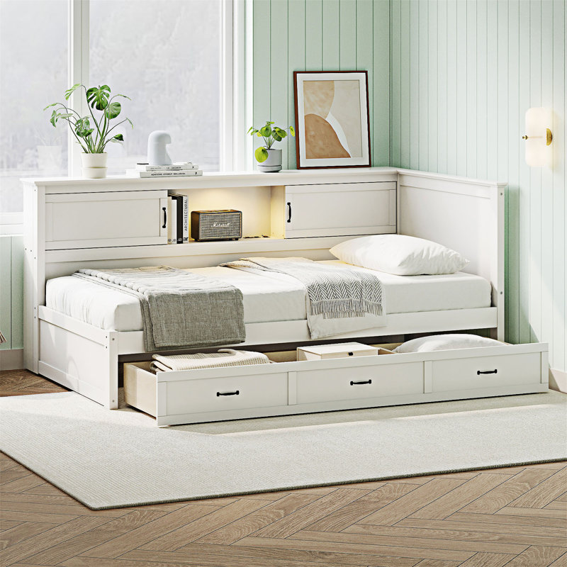 L-Shaped Bed Frame with Drawer and and Bookcase
