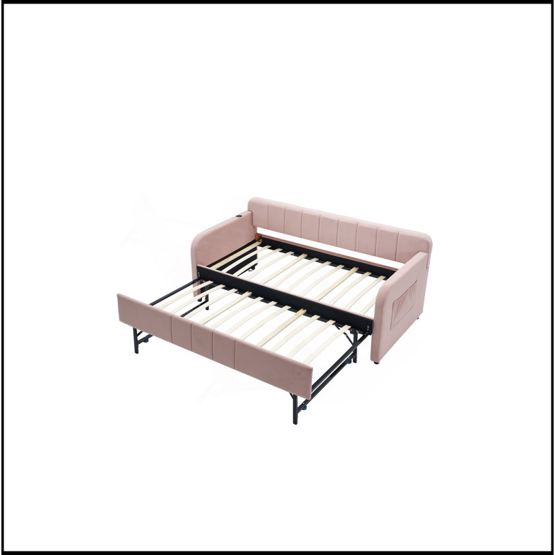 Structure de lit de jour rembourré avec lit gigogne, canapé-lit simple pour chambre d'amis, support à lattes de bois, Rose
