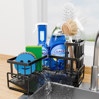 Organisateur d'évier de cuisine en L avec plateau de drain, porte-brosse amovible - support de rangement en éponge et savon pour comptoir, fabrication en métal durable