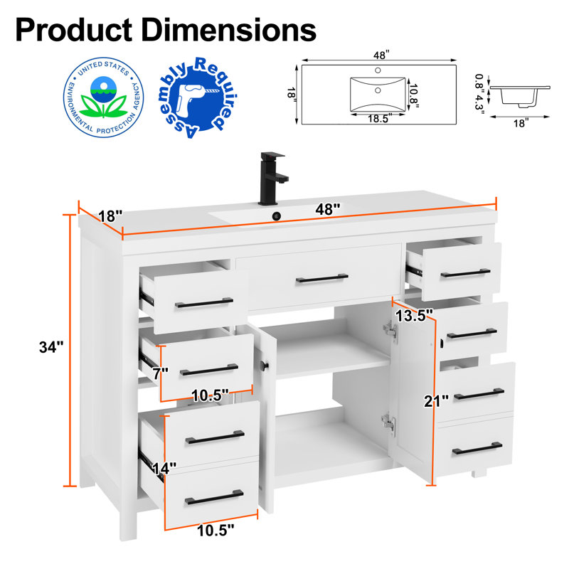Manrique 48" Freestanding Single Bathroom Vanity With Resin Sink Top, Faucet And Drain, Assembly Required, White