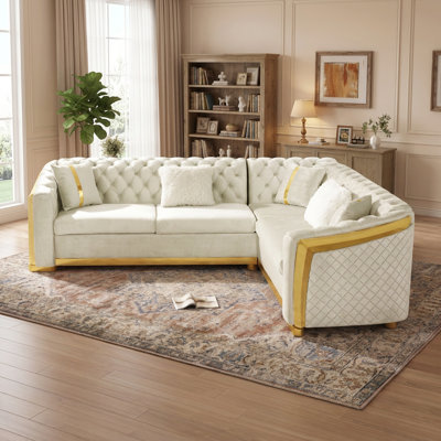 106-Inch L-Shaped Chesterfield Sectional Sofa with Button Tufting, Gold Accents and 5 Pillows