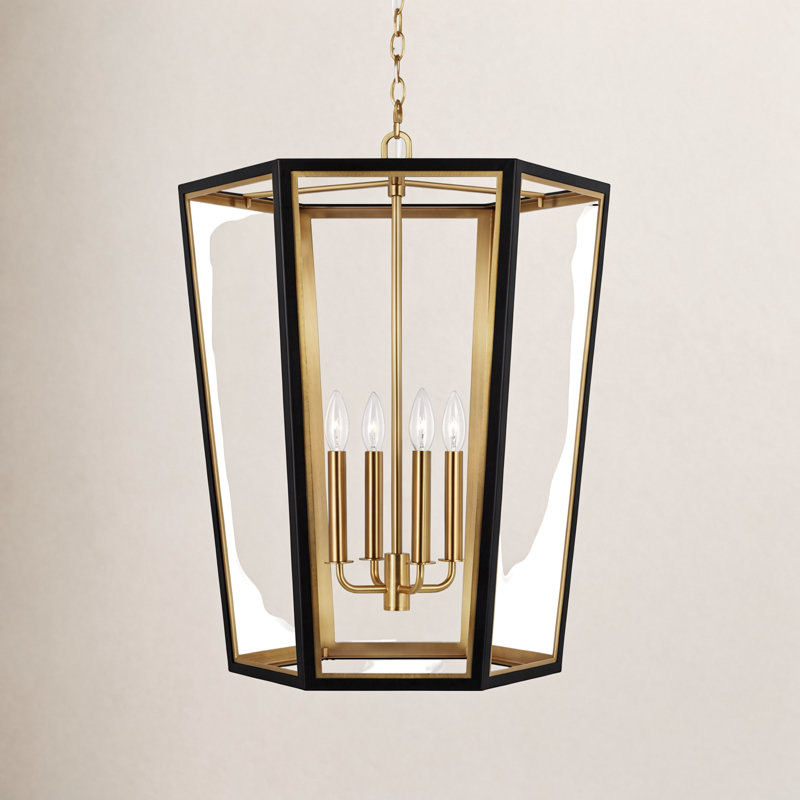 4 - Light Dimmable Lantern Geometric Chandelier, Midnight Black/Burnished Brass