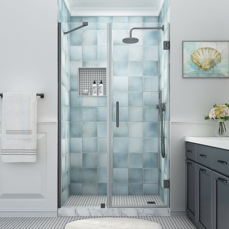 Belmore XL 51.25 - 52.25 in. W x 80 in. H Frameless Hinged Shower Door with StarCast Glass, Matte Black, Clear Glass