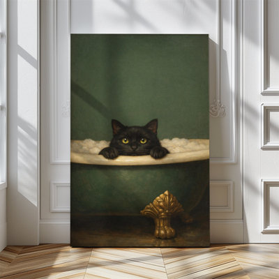 1pc Framed Canvas Wall Art Prints Poster, Black Cat Bubble Bath Art Posters Canvas Print Painting for Living Room Bedroom Office Bathroom Dorm Home Decor, Ready To Hang