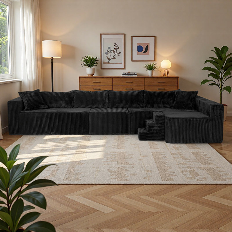  128" Boneless Sofa U-Shaped Modular sectional Couch, 27.6" Deep Seat Oversized Couches for Living Room, Black Corduroy, Yes