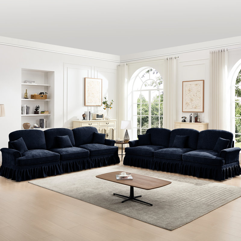 Comfy Blue Chenille 3 - Siège modulaire avec dossier en forme de pétale évasé, segmenté et incurvé, jupes de plis à volants amovibles et repose-pieds à accoudoirs mobiles