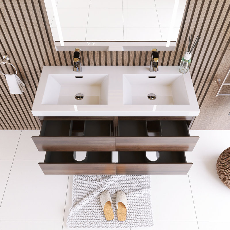 Meuble-lavabo double avec plateau en résine 47,05 po Reggina, Chêne gris