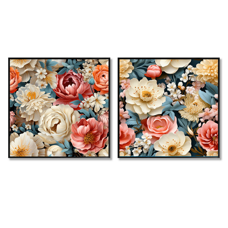 Bouquet printanier motif botanique II - ensemble de 2 collages floraux carrés, Cadre flottant noir, H 16 po x l 33 po