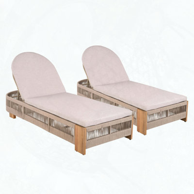 Ensemble de 2 chaises d'extérieur réglables en bois d'acacia avec corde beige et fer naturel (non rembourrées)