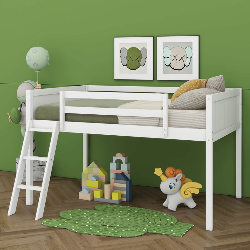 Lit mezzanine bas simple en bois avec échelle pratique, Blanc