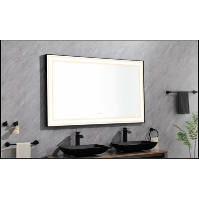 96 po L 36 po Miroir de salle de bain à DEL H avec 3 lumières colorées et cadre en cristal poli désembué