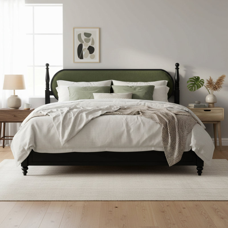 Base de lit grand, plateforme en bois massif avec lattes, tête de lit tapissier, Noir/vert