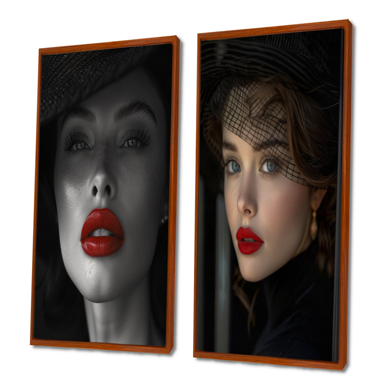 «Black and White Woman with Red Lips I - Fashion Woman», ensemble de 2 pièces d'art mural, H 32 po x l 32 po, Brun