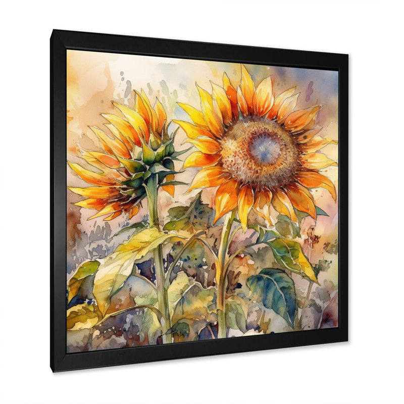 Tournesol jaune, symphonie III sur toile, Cadre simple noir, H 36 po x l 36 po x P 1,5 po