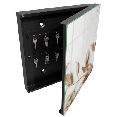 Key cabinet for wall, Opens to the right, 30x30x5, Black, Delicate beige feathers on a light background, 