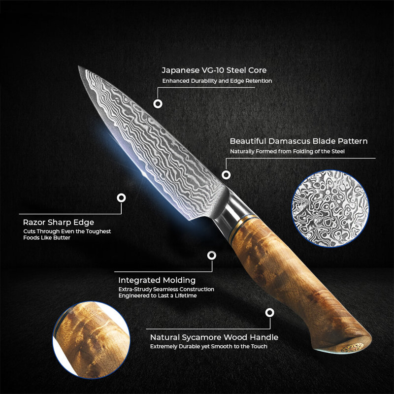 Couteau d'office japonais de 3,5 po Damas en acier sycamore «Dynasty» VG10