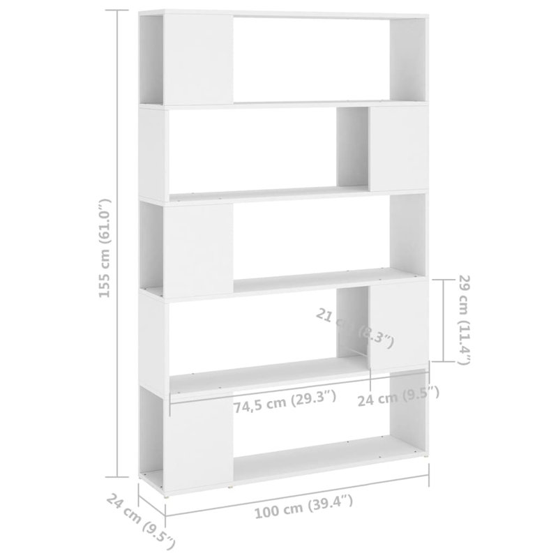 vidaXL Book Cabinet Room Divider Engineered Wood Medium, White, (5 Shelves) 61"H x 39.4"W x 9.5"D.