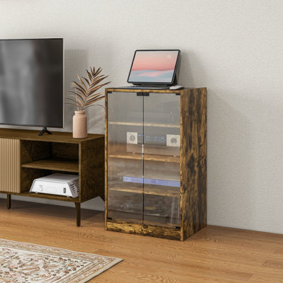 Armoire audio-vidéo rustique brun, 4 tablettes réglables, portes en verre, gestion des câbles pour le rangement multimédia et électronique.
