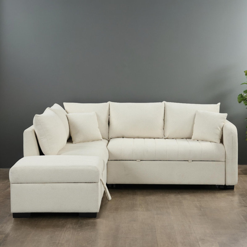 83" Wide L-Shaped Pull Out Sleeper Sectional Sofa Bed With USB Ports, Beige Polyester Blend