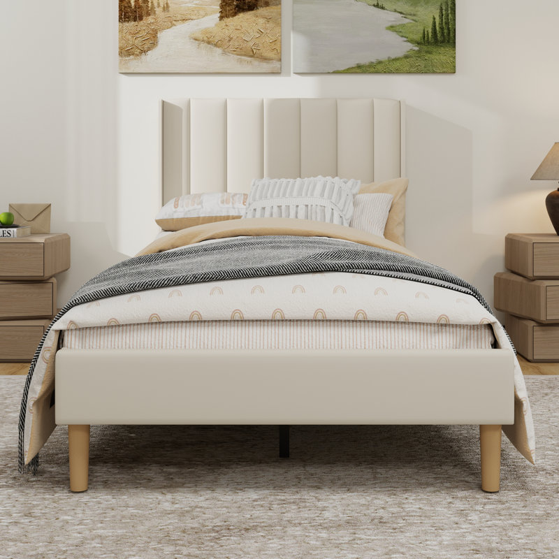 Lit plateforme tapissier moderne avec tête de lit verticale, Twin, Beige