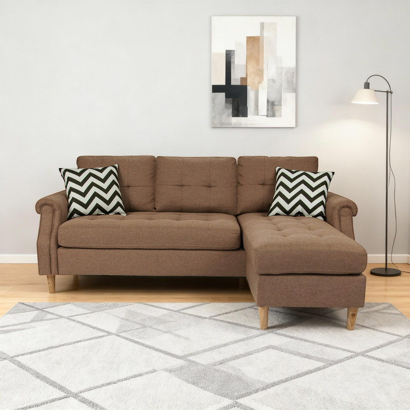 Canapé modulaire réversible 2 pièces avec méridienne et capitonnage, Café clair