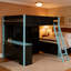 Lit mezzanine double en bois avec bureau, grand espace de rangement et lumière-124636543