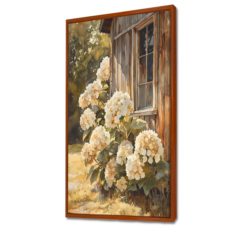 Hortensias dans le poulailler - hydrangées, art mural large, H 60 po x l 28 po, Brun, Reproduction avec cadre flottant