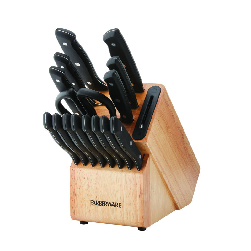 Farberware Edgekeeper 16-Piece Triple Rivet Stainless Steel Knife Block Set with Built-In Sharpener