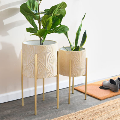 Modern Boho Embossed Metal Planters with Stands